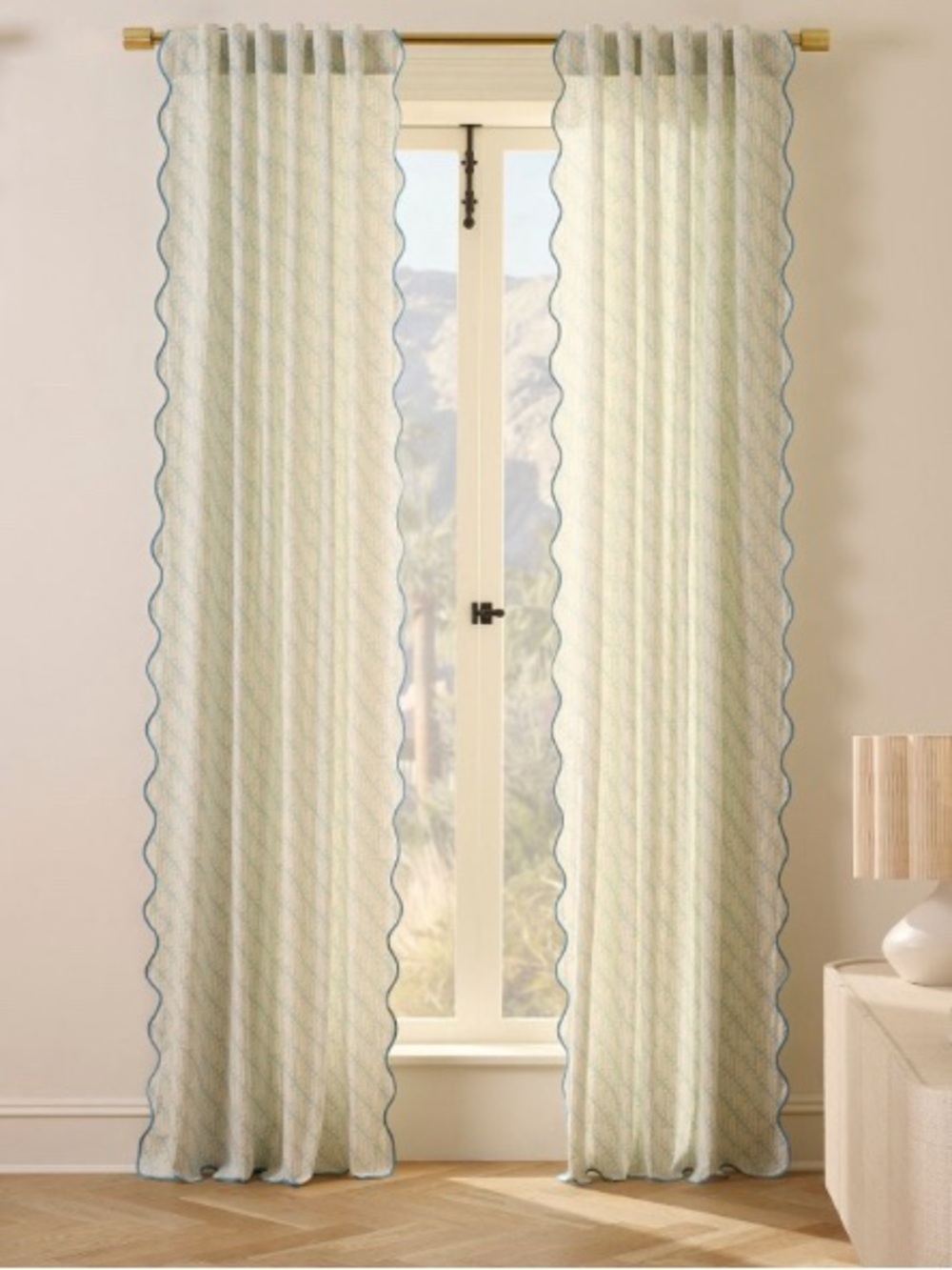 West Elm Blue & Cream Curtains with Blue Scalloped Edge